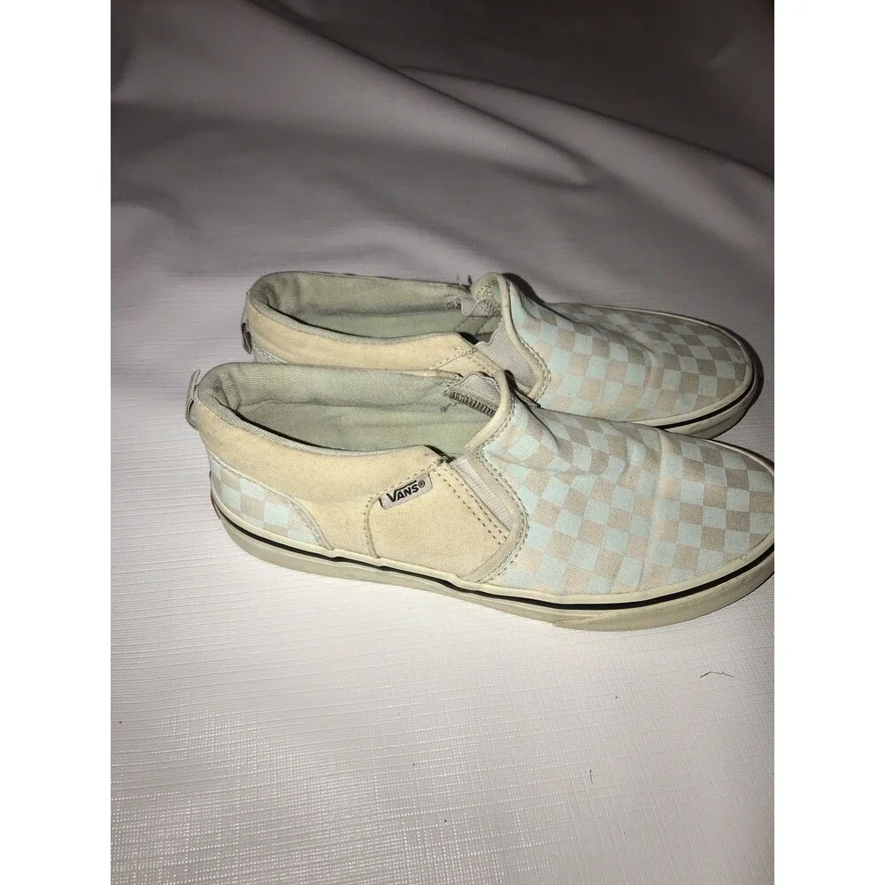 VANS Slip-On Checkerboard Canvas Sneakers Light Blue Beige White-missy 4.5